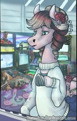 Size: 682x1070 | Tagged: safe, artist:reamina, derpibooru import, oc, earth pony, pony, arcade, clothes, female, mare, plushie, solo, sweater