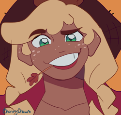 Size: 1716x1624 | Tagged: safe, artist:channydraws, derpibooru import, applejack, human, bust, close-up, eyebrows, female, freckles, grin, humanized, looking at you, orange background, raised eyebrow, signature, simple background, smiling, smiling at you, solo, straw in mouth, tan skin