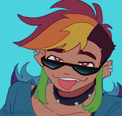 Size: 1716x1624 | Tagged: safe, artist:channydraws, derpibooru import, rainbow dash, human, blue background, bust, choker, ear piercing, earring, female, humanized, jewelry, looking at you, piercing, simple background, solo, spiked choker, sunglasses, tan skin, tongue, tongue out, tongue piercing