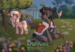 Size: 2048x1431 | Tagged: safe, artist:duvivi, derpibooru import, king sombra, oc, oc:coloured glaze rose, bat pony, bird, butterfly, pony, unicorn, bat pony oc, bench, bird nest, butterfly on nose, cape, clothes, cute, duo, female, flower, garden, gazebo, horn, insect on nose, looking at each other, looking at someone, male, mare, nest, raised hoof, raised leg, sitting, smiling, sombradorable, stallion, tree, wavy mouth