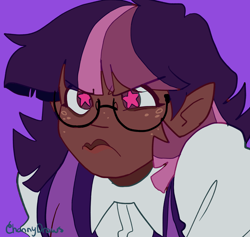 Size: 1716x1624 | Tagged: safe, artist:channydraws, derpibooru import, twilight sparkle, human, bust, dark skin, elf ears, female, freckles, frown, glasses, grumpy, humanized, purple background, simple background, solo, starry eyes, wingding eyes