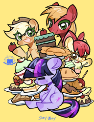 Size: 1000x1300 | Tagged: safe, alternate version, artist:hedgehog29271, derpibooru import, apple bloom, applejack, big macintosh, twilight sparkle, earth pony, pony, friendship is magic, g4, apple, apple family member, apple siblings, apple sisters, blushing, brother and sister, cake, candy apple, eyes closed, female, filly, foal, food, male, mare, one eye closed, open mouth, pastries, pie, plate, puffy cheeks, siblings, simple background, sisters, smiling, stallion, sweat, sweatdrop, wink, yellow background