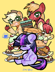 Size: 1000x1300 | Tagged: safe, artist:hedgehog29271, derpibooru import, apple bloom, applejack, big macintosh, twilight sparkle, earth pony, pony, unicorn, friendship is magic, g4, apple, apple family member, apple siblings, apple sisters, black outlines, blushing, brother and sister, cake, candy apple, eyes closed, female, filly, foal, food, horn, male, mare, one eye closed, open mouth, pastries, pie, plate, puffy cheeks, siblings, simple background, sisters, smiling, stallion, sweat, sweatdrop, wink, yellow background