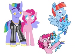 Size: 1337x1001 | Tagged: safe, artist:partyponypower, derpibooru import, bow hothoof, pinkie pie, rainbow dash, windy whistles, earth pony, pegasus, pony, g4, alternate hairstyle, alternate universe, aunt and nephew, blue coat, blue eyes, carrying, clothes, colored eyebrows, colored pinnae, colored sketch, colt, empty eyes, female, filly, filly rainbow dash, foal, frown, golden eyes, group, height difference, hug, lidded eyes, looking at each other, looking at someone, male, mare, missing cutie mark, multicolored hair, multicolored mane, multicolored tail, no catchlights, one wing out, open mouth, open smile, pink eyes, quartet, rainbow hair, rainbow tail, referee, short mane, short tail, simple background, sketch, smiling, smiling at each other, spread wings, stallion, tail, two toned mane, wall of tags, white background, winghug, wings, younger
