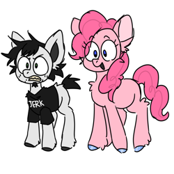 Size: 1280x1280 | Tagged: safe, derpibooru import, pinkie pie, earth pony, pony, g4, angry, big ears, clothes, colored hooves, colt, crossover, dan vs, ears, eye clipping through hair, eyebrows, eyebrows visible through hair, facial hair, female, foal, goatee, green eyes, gritted teeth, height difference, male, mare, messy mane, ponified, raised eyebrows, shirt, short tail, simple background, species swap, stubble, t-shirt, tail, teeth, white background