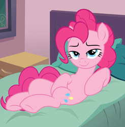 Size: 2374x2410 | Tagged: safe, artist:shieldwingarmorofgod, derpibooru import, pinkie pie, earth pony, g4, bed, bedroom, bedroom eyes, draw me like one of your french girls, female, sexy, smiling, solo, stupid sexy pinkie
