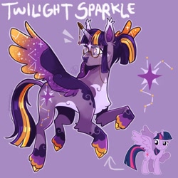 Size: 2048x2048 | Tagged: safe, artist:spoopdeedoop, derpibooru import, part of a set, twilight sparkle, twilight sparkle (alicorn), alicorn, pony, g4, alternate color palette, alternate cutie mark, alternate design, alternate eye color, alternate hairstyle, alternate tailstyle, blushing, chest fluff, cloven hooves, coat markings, colored belly, colored eartips, colored fetlocks, colored hooves, colored horn, colored muzzle, colored pinnae, colored wings, colored wingtips, concave belly, ear fluff, ears, eyelashes, facial markings, female, flying, freckles, frown, glasses, gold hooves, hair accessory, head turn, high res, hooves, horn, horn cap, horn jewelry, jewelry, leg fluff, leonine tail, long mane, long tail, looking away, mare, multicolored mane, multicolored tail, multicolored wings, outline, pale belly, ponytail, purple background, purple coat, raised hoof, raised leg, redesign, round glasses, shiny hooves, shiny mane, shiny tail, signature, simple background, socks (coat marking), solo, spread wings, star (coat marking), starry wings, tail, tall ears, text, tied mane, two toned eyes, unicorn horn, unshorn fetlocks, wall of tags, wing fluff, wings