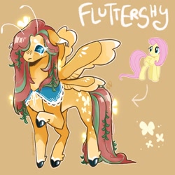 Size: 2048x2048 | Tagged: safe, artist:spoopdeedoop, derpibooru import, part of a set, fluttershy, butterfly, original species, pegasus, pony, g4, alternate color palette, alternate cutie mark, alternate design, alternate eye color, alternate hair color, alternate tail color, antennae, blaze (coat marking), blue eyes, blue sclera, brown background, cloven hooves, coat markings, colored belly, colored eartips, colored eyebrows, colored eyelashes, colored fetlocks, colored hooves, colored muzzle, colored pupils, colored sclera, colored wings, colored wingtips, concave belly, cutie mark eyes, ear tufts, ears, ears back, eye clipping through hair, facial markings, female, fetlock tuft, floppy ears, four wings, high res, leaves in mane, leaves in tail, long legs, long mane, long neck, long tail, looking back, mare, multiple wings, no mouth, outline, pale belly, race swap, raised hoof, raised leg, redesign, shawl, shiny hooves, shiny mane, shiny tail, signature, simple background, socks (coat marking), solo, spread wings, standing, straight mane, straight tail, tail, tallershy, text, thin legs, two toned wings, wall of tags, wingding eyes, wings, yellow coat