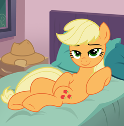 Size: 2374x2410 | Tagged: safe, artist:shieldwingarmorofgod, derpibooru import, applejack, earth pony, g4, applejack's hat, bed, bedroom, bedroom eyes, clothes, cowboy hat, draw me like one of your french girls, female, hat, sexy, smiling, solo, stupid sexy applejack