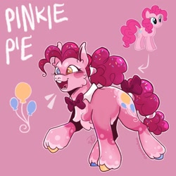 Size: 2048x2048 | Tagged: safe, artist:spoopdeedoop, derpibooru import, part of a set, pinkie pie, earth pony, pony, g4, alternate accessories, alternate color palette, alternate design, alternate hairstyle, alternate tailstyle, beanbrows, blushing, bow, bucktooth, cheek fluff, chest fluff, coat markings, colored belly, colored eartips, colored eyebrows, colored fetlocks, colored hooves, colored muzzle, colored pinnae, curly hair, curly mane, curly tail, cutie mark eyes, ear fluff, ears, emanata, eyebrows, eyelashes, female, heart tongue, heterochromia, high res, hooves, mare, multicolored hooves, neck bow, open mouth, open smile, outline, pale belly, pink background, pink coat, ponytail, raised hoof, raised leg, redesign, shiny hooves, signature, simple background, smiling, socks (coat marking), solo, standing, tail, tail bow, tall ears, teeth, text, tied mane, tied tail, tongue, tongue out, unshorn fetlocks, wall of tags, wingding eyes