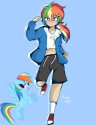 Size: 1182x1540 | Tagged: safe, artist:trash-art06, derpibooru import, rainbow dash, human, pegasus, pony, alternate hairstyle, belly button, clothes, converse, grin, hoodie, humanized, midriff, ponytail, shirt, shoes, shorts, smiling, socks, solo, sports shorts, t-shirt
