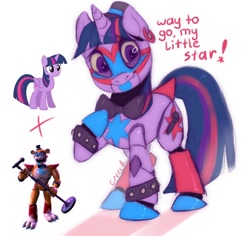 Size: 400x378 | Tagged: safe, artist:crees-a, derpibooru import, twilight sparkle, twilight sparkle (alicorn), alicorn, pony, robot, robot pony, unicorn, g4, animatronic, bow, bowtie, crossover, ear piercing, female, five nights at freddy's, five nights at freddy's: security breach, freddy fazbear, fusion, glam rock, glamrock freddy, hat, horn, looking at you, male, mare, microphone, piercing, ponified, pose, purple coat, purple mane, roboticization, rockstar, signature, smiling, species swap, speech bubble, stallion, tail, tail bow, title card, two toned mane, two toned tail, unshorn fetlocks, vector, video game crossover