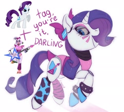 Size: 2048x1852 | Tagged: safe, artist:crees-a, derpibooru import, rarity, pony, robot, robot pony, unicorn, g4, animatronic, bow, chica, crossover, ear piercing, electric guitar, five nights at freddy's, five nights at freddy's: security breach, fusion, glam rock, glamrock chica, guitar, hair bow, horn, looking at you, musical instrument, piercing, ponified, pose, purple mane, roboticization, rockstar, signature, smiling, species swap, speech bubble, tail, tail bow, title card, two toned mane, unshorn fetlocks, vector, video game crossover, white coat