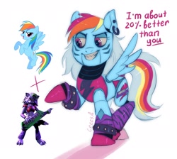 Size: 2048x1833 | Tagged: safe, artist:crees-a, derpibooru import, rainbow dash, pony, robot, robot pony, g4, animatronic, blue coat, bow, choker, crossover, ear piercing, electric guitar, five nights at freddy's, five nights at freddy's: security breach, fluffy, fusion, glam rock, guitar, looking at you, multicolored hair, multicolored tail, musical instrument, piercing, ponified, pose, roboticization, rockstar, roxanne wolf, signature, smiling, species swap, speech bubble, tail, tail bow, title card, unshorn fetlocks, vector, video game crossover