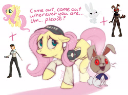 Size: 2048x1535 | Tagged: safe, artist:crees-a, derpibooru import, fluttershy, human, pegasus, pony, robot, robot pony, g4, animal costume, animatronic, bow, bunny costume, clothes, costume, creepy, crossover, cyan eyes, five nights at freddy's, five nights at freddy's: security breach, flashlight (object), fusion, hat, looking at you, pink mane, ponified, red eyes, roboticization, rockstar, scared, signature, smiling, species swap, spread wings, stars, sunrise, tail, tail bow, unshorn fetlocks, vanny, vector, video game crossover, wings, wings down, yellow coat