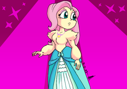 Size: 1646x1158 | Tagged: safe, artist:tmntsam, derpibooru import, fluttershy, human, equestria girls, g4, alternate universe, chest fluff, clothes, dress, female, fur, furry human, magenta background, nudity, partial nudity, simple background, solo, topless