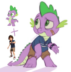 Size: 1983x2000 | Tagged: safe, artist:crees-a, derpibooru import, spike, dragon, human, g4, bandaid, child, clothes, crossover, five nights at freddy's, five nights at freddy's: security breach, fusion, male, pants, pose, purple skin, shirt, signature, simple background, solo, video game crossover, watch, white background, worried