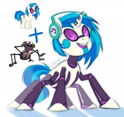Size: 2048x1929 | Tagged: safe, artist:crees-a, derpibooru import, dj pon-3, vinyl scratch, monster pony, original species, pony, robot, robot pony, spider, spiderpony, unicorn, g4, animatronic, crossover, eight legs, female, five nights at freddy's, five nights at freddy's: security breach, fusion, giant pony, glasses, headphones, horn, looking up, macro, male, mare, music man, music notes, musical instrument, piano, pose, roboticization, signature, simple background, smiling, solo, tail, two toned mane, two toned tail, white background, white coat