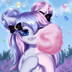 Size: 2000x2000 | Tagged: safe, artist:alunedoodle, derpibooru import, oc, oc only, oc:candi, bat pony, pony, balloon, bust, cotton candy, cute, eating, female, one eye closed, portrait, solo, two toned mane, wink