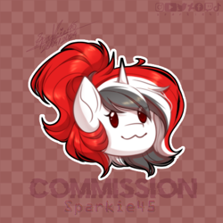 Size: 433x433 | Tagged: safe, artist:sparkie45, derpibooru import, oc, oc only, oc:red rocket, pony, unicorn, checkered background, chibi, commission, headshot commission, horn, solo, ych example, ych result, your character here