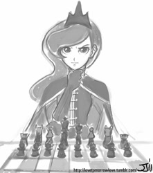 Size: 882x1000 | Tagged: safe, alternate version, artist:johnjoseco, derpibooru import, princess luna, human, g4, cape, chess, clothes, female, grayscale, humanized, looking at you, military uniform, monochrome, photoshop, simple background, solo, thinking, uniform, warrior luna, white background
