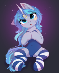 Size: 2927x3615 | Tagged: safe, alternate version, artist:empress-twilight, derpibooru import, oc, oc only, oc:cork, pony, unicorn, :o, belly, belly button, blue swimsuit, blushing, chest fluff, clothes, dark skin, egyptian, female, greek, head tilt, hooves to the chest, horn, leotard, looking at you, mare, one-piece swimsuit, open mouth, socks, solo, stockings, striped socks, swimsuit, thigh highs