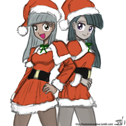 Size: 1280x1280 | Tagged: safe, artist:johnjoseco, derpibooru import, limestone pie, marble pie, human, g4, christmas, clothes, duo, female, hat, holiday, humanized, pantyhose, pie sisters, santa claus, santa hat, siblings, simple background, sisters, white background