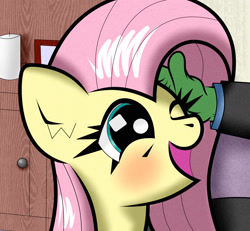 Size: 1977x1824 | Tagged: safe, artist:scandianon, derpibooru import, fluttershy, oc, oc:anon, pegasus, pony, g4, blushing, cute, female, happy, indoors, mare, one eye closed, open mouth, open smile, petting, shyabetes, smiling