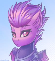 Size: 2000x2200 | Tagged: safe, artist:adagiostring, derpibooru import, oc, oc only, oc:ambrosia flitfeather, pegasus, pony, fallout equestria, abstract background, armor, bust, commission, enclave, enclave armor, fanfic art, female, female oc, gradient background, headshot commission, looking at you, pegasus oc, portrait, solo