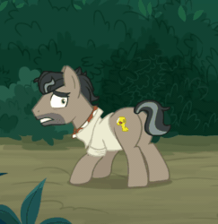 Size: 438x450 | Tagged: safe, derpibooru import, screencap, doctor caballeron, earth pony, pony, daring doubt, g4, animated, bush, butt, clothes, coward, cropped, hiding, leaping, male, nope, plot, shirt, solo, stallion