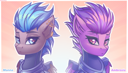 Size: 3500x2000 | Tagged: safe, artist:adagiostring, derpibooru import, oc, oc only, oc:ambrosia flitfeather, oc:manna flitfeather, pegasus, pony, fallout equestria, abstract background, armor, bust, commission, ear piercing, enclave, enclave armor, fanfic art, female, female oc, gradient background, headshot commission, looking at you, pegasus oc, piercing, portrait, solo