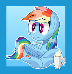 Size: 1897x1933 | Tagged: safe, artist:notadeliciouspotato, derpibooru import, rainbow dash, pegasus, pony, g4, abstract background, chocolate, cup, female, folded wings, food, hot chocolate, lying down, mare, prone, solo, whipped cream, wings