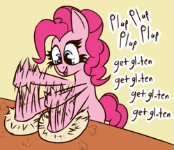 Size: 521x449 | Tagged: safe, artist:xppp1n, derpibooru import, pinkie pie, earth pony, pony, g4, dough, female, gluten, mare, meme, plap plap get pregnant, simple background, solo