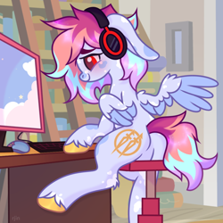 Size: 1024x1024 | Tagged: safe, artist:rjin, derpibooru import, oc, oc only, pegasus, pony, blushing, butt, chair, commission, commissioner:lailastarfinder, computer, computer mouse, cutie mark, ears, floppy ears, fluffy, headphones, keyboard, male, minimalist, plot, room, sfw version, sitting, smiling, solo, table, wings, ych example, ych result, your character here