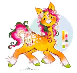 Size: 1070x1010 | Tagged: safe, artist:lutraviolet, derpibooru import, oc, oc only, earth pony, pony, abstract background, blushing, bracelet, chest fluff, coat markings, facial markings, female, flower, flower in hair, flower in tail, freckles, jewelry, mare, mealy mouth (coat marking), reference sheet, solo, star (coat marking), tail, unshorn fetlocks