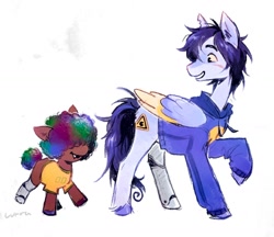 Size: 1640x1415 | Tagged: safe, artist:lutraviolet, derpibooru import, earth pony, pegasus, pony, afro, amputee, clothes, colored wings, duo, foal, hair over eyes, hoodie, male, mcyt, pac (qsmp), ponified, prosthetic leg, prosthetic limb, prosthetics, qsmp, richarlyson (qsmp), scar, shirt, snaggletooth, species swap, stallion, t-shirt, torn ear, unshorn fetlocks, wings, youtuber