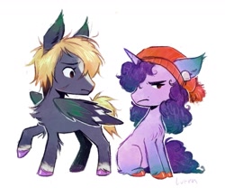 Size: 1679x1395 | Tagged: safe, artist:lutraviolet, derpibooru import, pegasus, pony, unicorn, beanie, beauty mark, chayanne (qsmp), chest fluff, colored wings, colt, duo, ear piercing, earring, female, filly, foal, hat, horn, jewelry, male, mcyt, piercing, qsmp, scar, simple background, sitting, tallulah (qsmp), unshorn fetlocks, white background, wings