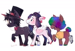 Size: 2015x1372 | Tagged: safe, artist:lutraviolet, derpibooru import, earth pony, pegasus, pony, unicorn, afro, amputee, bowtie, clothes, coat markings, colt, dapper (qsmp), dappled, ear fluff, ear piercing, earring, ears, female, filly, foal, hat, horn, jewelry, male, mcyt, monocle, piercing, pomme (qsmp), ponified, prosthetic leg, prosthetic limb, prosthetics, qsmp, richarlyson (qsmp), shirt, simple background, snaggletooth, species swap, t-shirt, top hat, torn ear, trio, unshorn fetlocks, white background