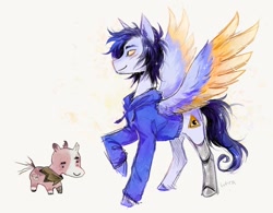 Size: 1303x1018 | Tagged: safe, artist:lutraviolet, derpibooru import, pegasus, pony, unicorn, amputee, broken horn, cloak, clothes, colored wings, duo, eye scar, facial scar, fitmc, gay, hoodie, horn, male, mcyt, meme, pac (qsmp), ponified, prosthetic leg, prosthetic limb, prosthetics, qsmp, scar, shipping, species swap, spread wings, stallion, the bride and the ugly ass groom, torn ear, unshorn fetlocks, wings, youtuber
