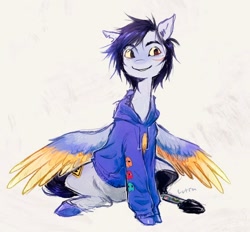 Size: 1040x964 | Tagged: safe, artist:lutraviolet, derpibooru import, pegasus, pony, amputee, clothes, colored wings, hoodie, male, mcyt, pac (qsmp), ponified, prosthetic leg, prosthetic limb, prosthetics, qsmp, scar, sitting, solo, species swap, spread wings, stallion, torn ear, wings, youtuber