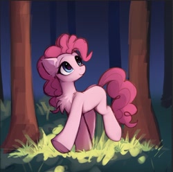 Size: 1404x1393 | Tagged: safe, artist:lerkfruitbat, derpibooru import, pinkie pie, earth pony, pony, g4, chest fluff, ear fluff, ears, female, forest, mare, missing cutie mark, nature, solo, tree