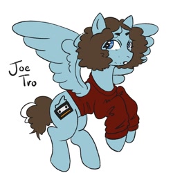 Size: 2000x2000 | Tagged: safe, artist:lastmidtownshowmp3, derpibooru import, pegasus, pony, blue coat, blue eyes, clothes, curly hair, fall out boy, flying, joe trohman, looking sideways, midair, name, ponified, simple background, solo, species swap, spread wings, sweater, white background, wings
