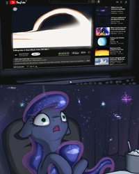 Size: 2316x2899 | Tagged: safe, artist:ciborgen, derpibooru import, princess luna, alicorn, pony, g4, black hole, computer, ears, female, floppy ears, high res, hug, mare, open mouth, solo, tail, tail hug, youtube