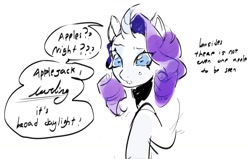 Size: 1249x792 | Tagged: safe, artist:meykeyii, derpibooru import, rarity, pony, unicorn, g4, confused, curved horn, dialogue, female, horn, implied applejack, implied lesbian, implied rarijack, implied shipping, mare, offscreen character, simple background, solo, speech bubble, sweat, white background