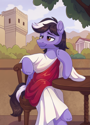 Size: 1779x2480 | Tagged: safe, artist:skysorbett, derpibooru import, oc, oc only, oc:violett spectrum, pegasus, pony, building, chair, clothes, folded wings, greek, greek clothes, greek mythology, male, pegasus oc, sitting, smiling, solo, stallion, table, toga, tree, wings