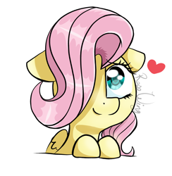 Size: 1760x1805 | Tagged: safe, artist:flutterbug18, derpibooru import, fluttershy, pegasus, pony, g4, cute, daaaaaaaaaaaw, ears, female, floating heart, floppy ears, hair over one eye, heart, looking up, mare, shyabetes, signature, simple background, smiling, solo, white background