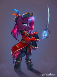 Size: 2229x3000 | Tagged: safe, artist:opal_radiance, derpibooru import, tempest shadow, pony, unicorn, g4, detailed background, horn, levitation, looking at you, magic, pirate, purple coat, purple mane, purple tail, raised hooves, raised leg, rearing, signature, solo, standing, sword, tail, telekinesis, weapon