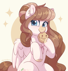 Size: 1920x2000 | Tagged: safe, artist:skysorbett, derpibooru import, oc, oc only, oc:strawberry milk, pegasus, pony, beige coat, brown mane, brown tail, clothes, cookie, cute, ear piercing, eating, facial markings, female, food, looking at you, mare, ocbetes, pegasus oc, piercing, scarf, simple background, smiling, solo, sparkles, tail