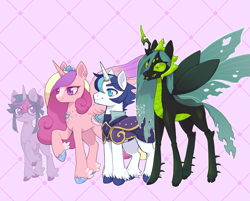 Size: 3029x2438 | Tagged: safe, artist:paichitaron, derpibooru import, princess cadance, queen chrysalis, shining armor, twilight sparkle, alicorn, changeling, changeling queen, pony, unicorn, g4, alternate design, alternate hairstyle, armor, blaze (coat marking), coat markings, eyebrows, eyebrows visible through hair, facial markings, fangs, female, glasses, green sclera, high res, horn, horn ring, jewelry, male, mare, necklace, outline, patterned background, pink background, ring, round glasses, short mane, simple background, slit eyes, smiling, spread wings, stallion, stubble, tail, tail feathers, tiara, unshorn fetlocks, white outline, winged hooves, wings