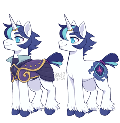 Size: 1752x1800 | Tagged: safe, artist:paichitaron, derpibooru import, shining armor, pony, unicorn, g4, alternate design, alternate hairstyle, armor, eyebrows, eyebrows visible through hair, horn, horn ring, male, outline, ring, short mane, simple background, smiling, solo, stallion, stubble, transparent background, white outline